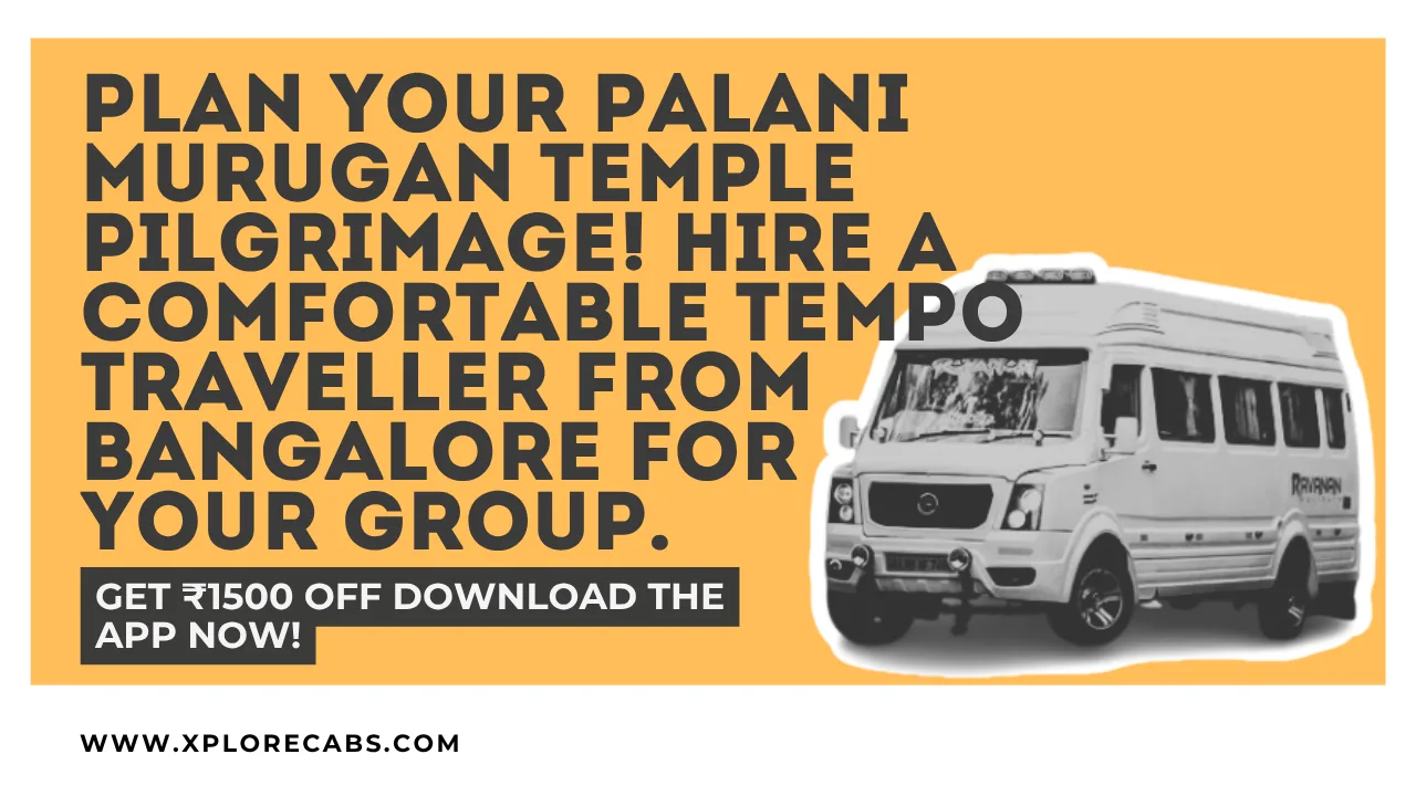 Tempo traveller at the foot of Palani hill with the Dhandayuthapani Swamy temple above