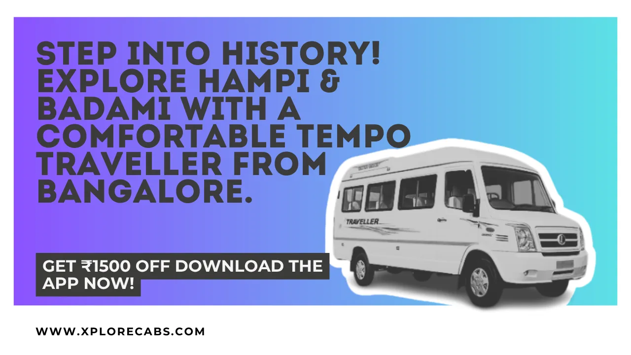 Tempo traveller near the Badami cave temples on a Hampi and Badami heritage tour from Bangalore