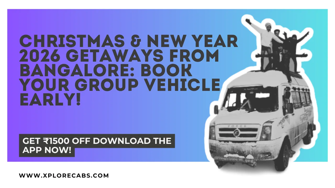 Group of friends with a tempo traveller ready for a Christmas and New Year 2026 trip from Bangalore