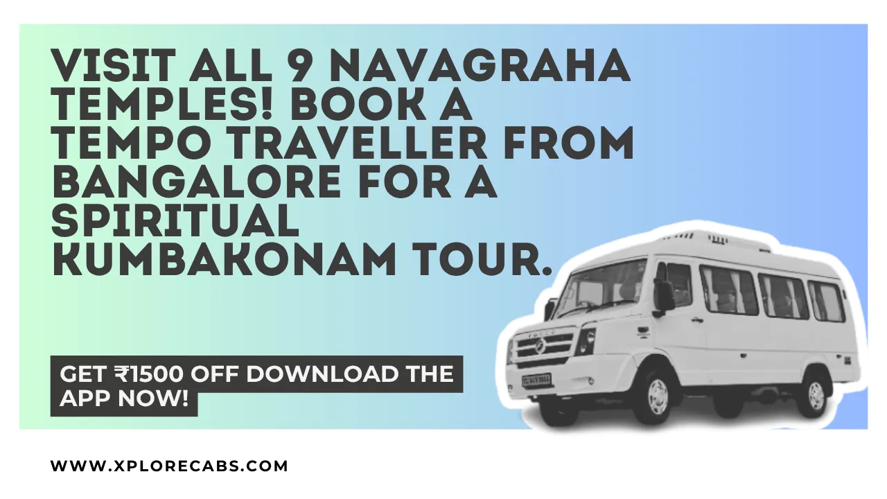 Tempo traveller on a Navagraha temple tour near Kumbakonam with temple gopuram and paddy fields