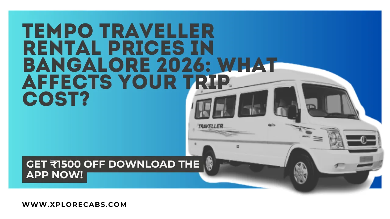 Tempo traveller parked in Bangalore with a fare breakdown concept for 2026 rental prices
