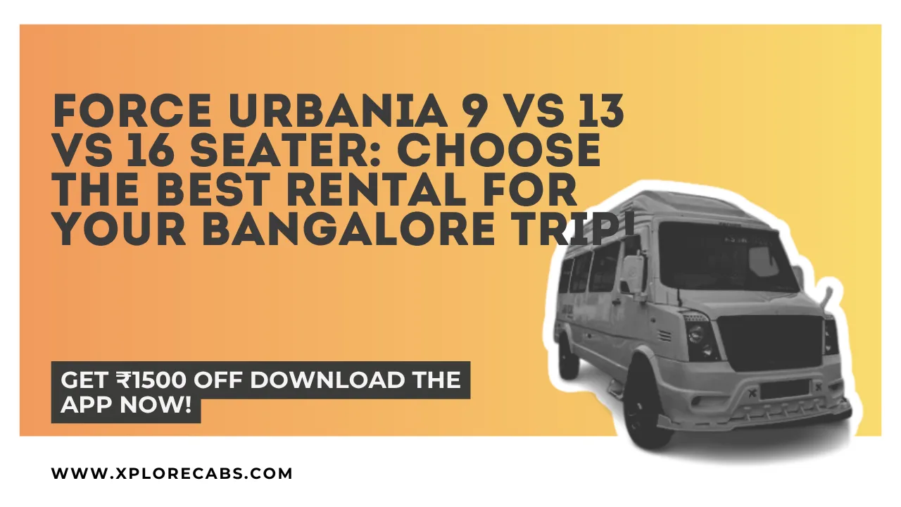 Three Force Urbania vans of different lengths showing 9, 13 and 16 seater sizes for rent in Bangalore