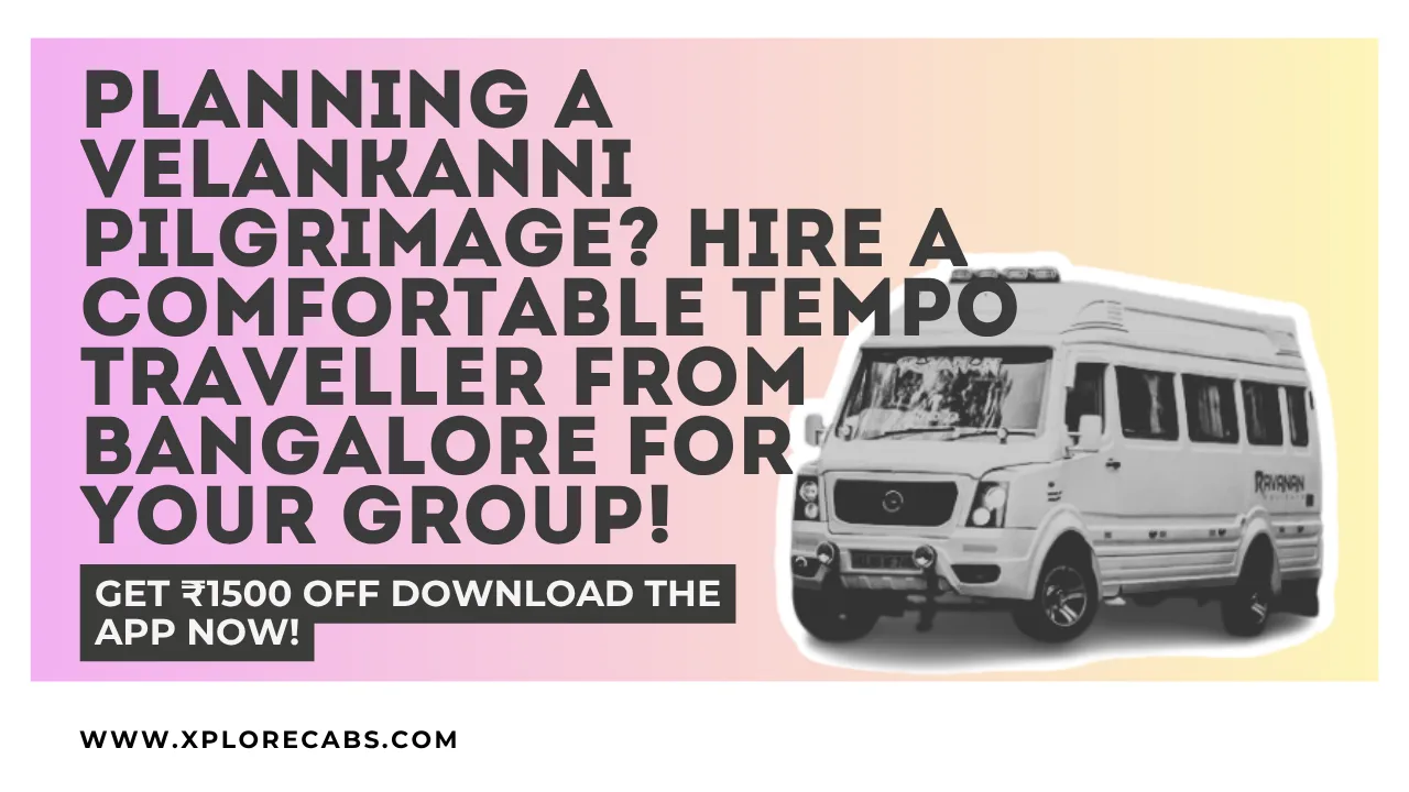 Tempo traveller parked near the Velankanni Basilica for a pilgrimage group from Bangalore