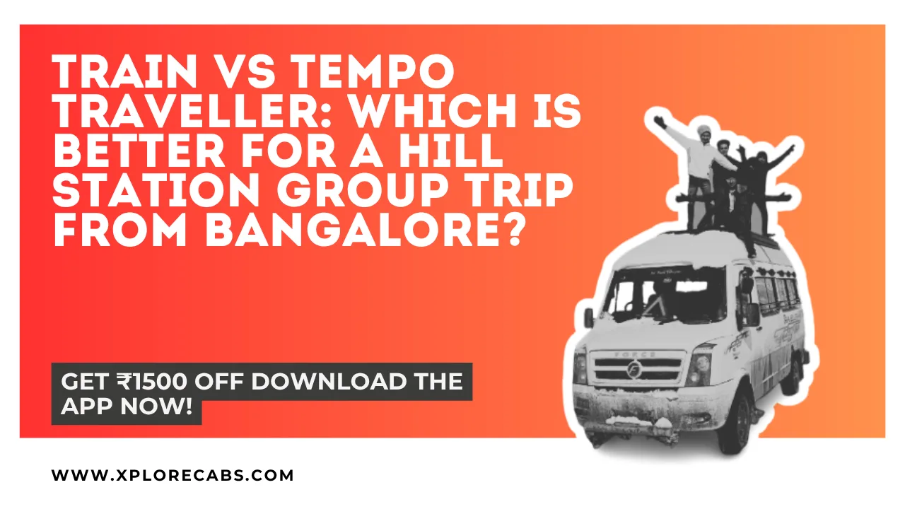 Tempo traveller on a hill road compared with a train for group trips to hill stations from Bangalore